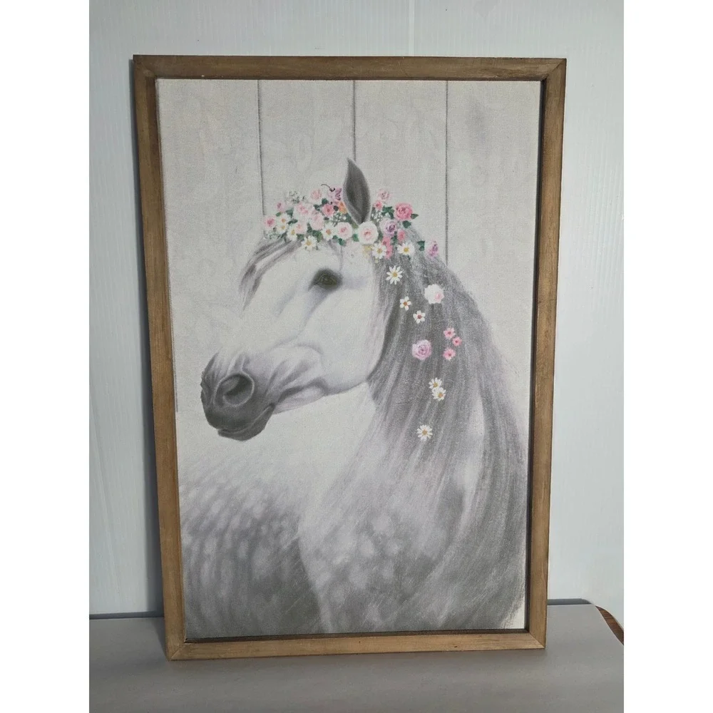 Farmhouse Horse Floral Crown Wall Art Canvas Framed Rustic Decor